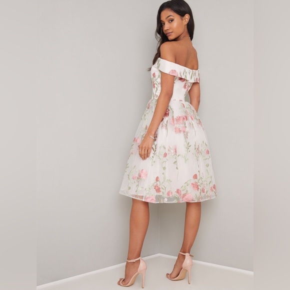 Chi Chi London Pink Bardot Lace Embroidered Overlay Midi Dress - Picture 3 of 8